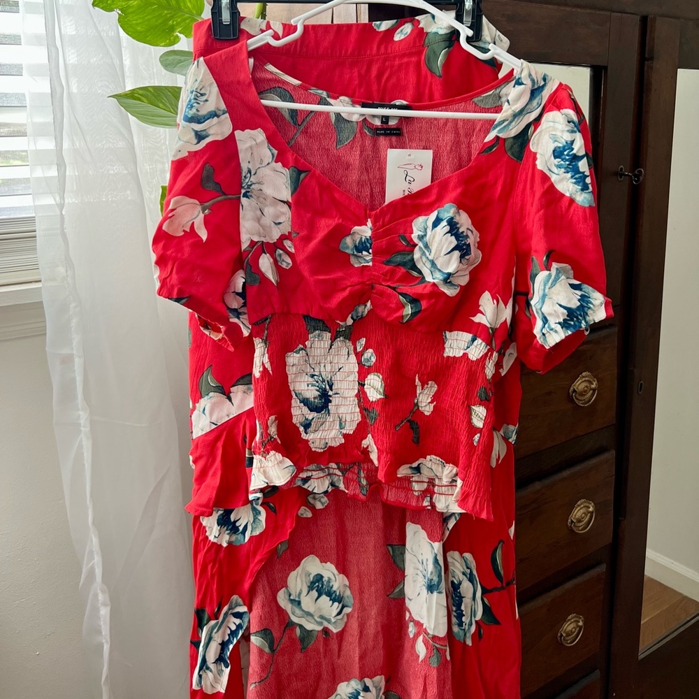 NWT red floral shirt + skirt set
